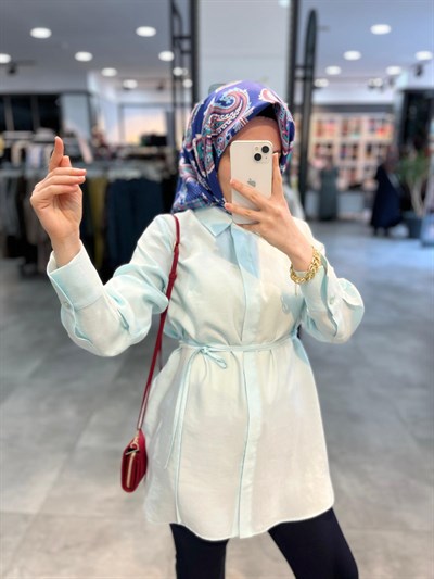 TUğba Gömlek Yaka Beli Kuşaklı Gömlek - Aqua