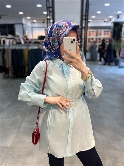 TUğba Gömlek Yaka Beli Kuşaklı Gömlek - Aqua