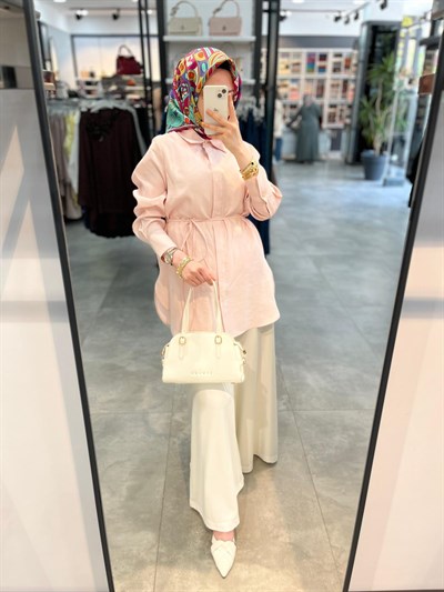 TUğba Gömlek Yaka Beli Kuşaklı Gömlek - Pembe