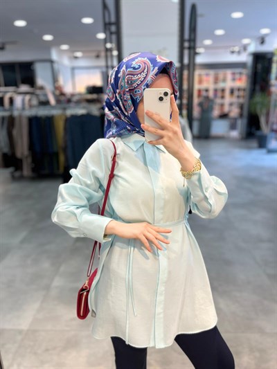 TUğba Gömlek Yaka Beli Kuşaklı Gömlek - Aqua