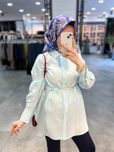 TUğba Gömlek Yaka Beli Kuşaklı Gömlek - Aqua