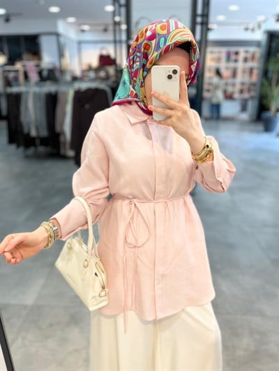 TUğba Gömlek Yaka Beli Kuşaklı Gömlek - Pembe