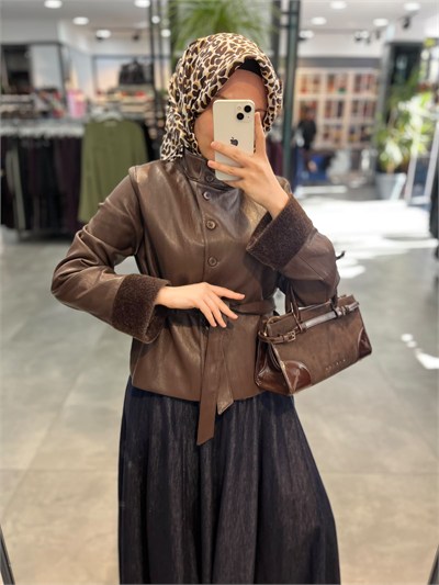 Tuğba Kemerli Dik Yaka Mont - Kahve