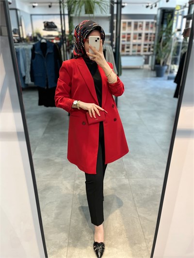 Tuğba Kruvaze Yaka Düğme Detaylı Ceket - Kırmızı