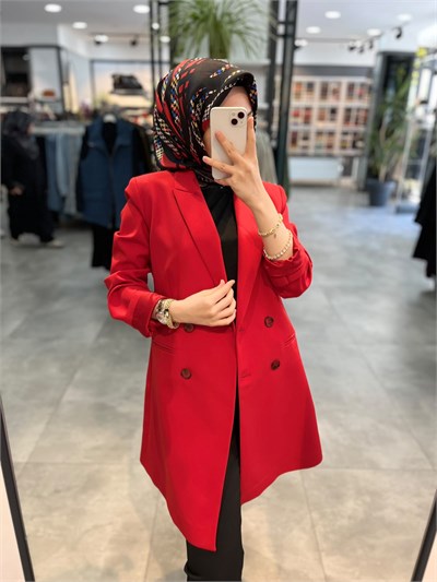 Tuğba Kruvaze Yaka Düğme Detaylı Ceket - Kırmızı