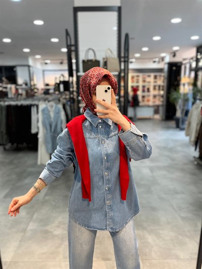 Tuğba Ön Omzu Taş Detaylı Denim Ceket - Mavi