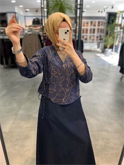 Tuğba Pamuk Karışım Desenli Kimono - Lacivert