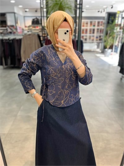 Tuğba Pamuk Karışım Desenli Kimono - Lacivert