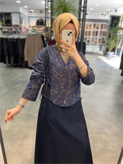 Tuğba Pamuk Karışım Desenli Kimono - Lacivert