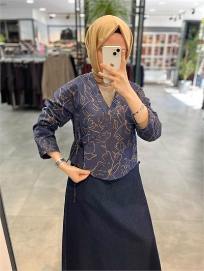 Tuğba Pamuk Karışım Desenli Kimono - Lacivert