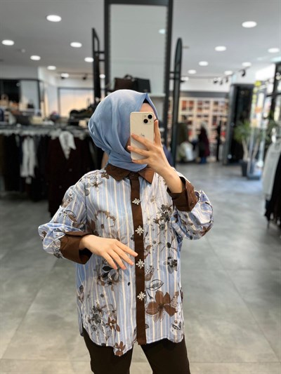 Vela Çiçek Desenli Çizgili Gömlek - Mavi