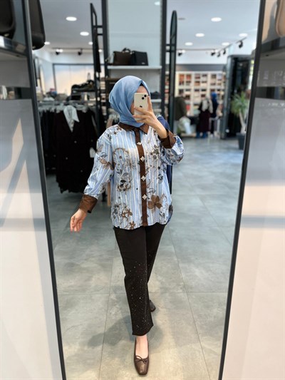 Vela Çiçek Desenli Çizgili Gömlek - Mavi
