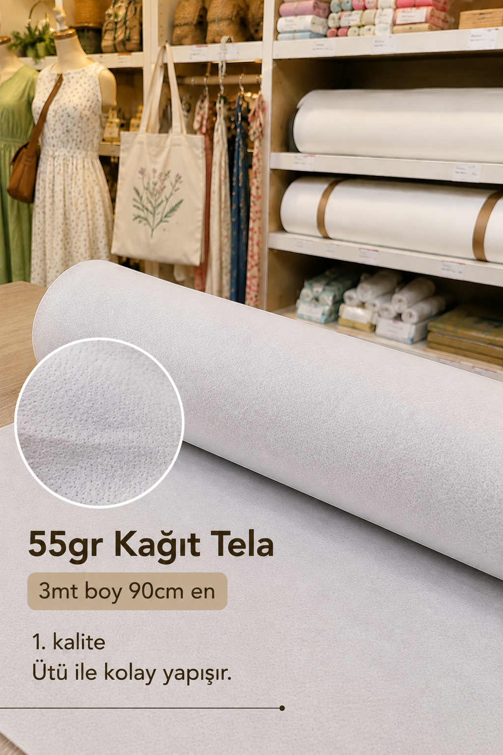 55gr Kağıt Tela 3mt Boy 90cm En, Beyaz Hobi Telası, Ütü ile Kolay Yapışır, Elbise, Çanta Telası