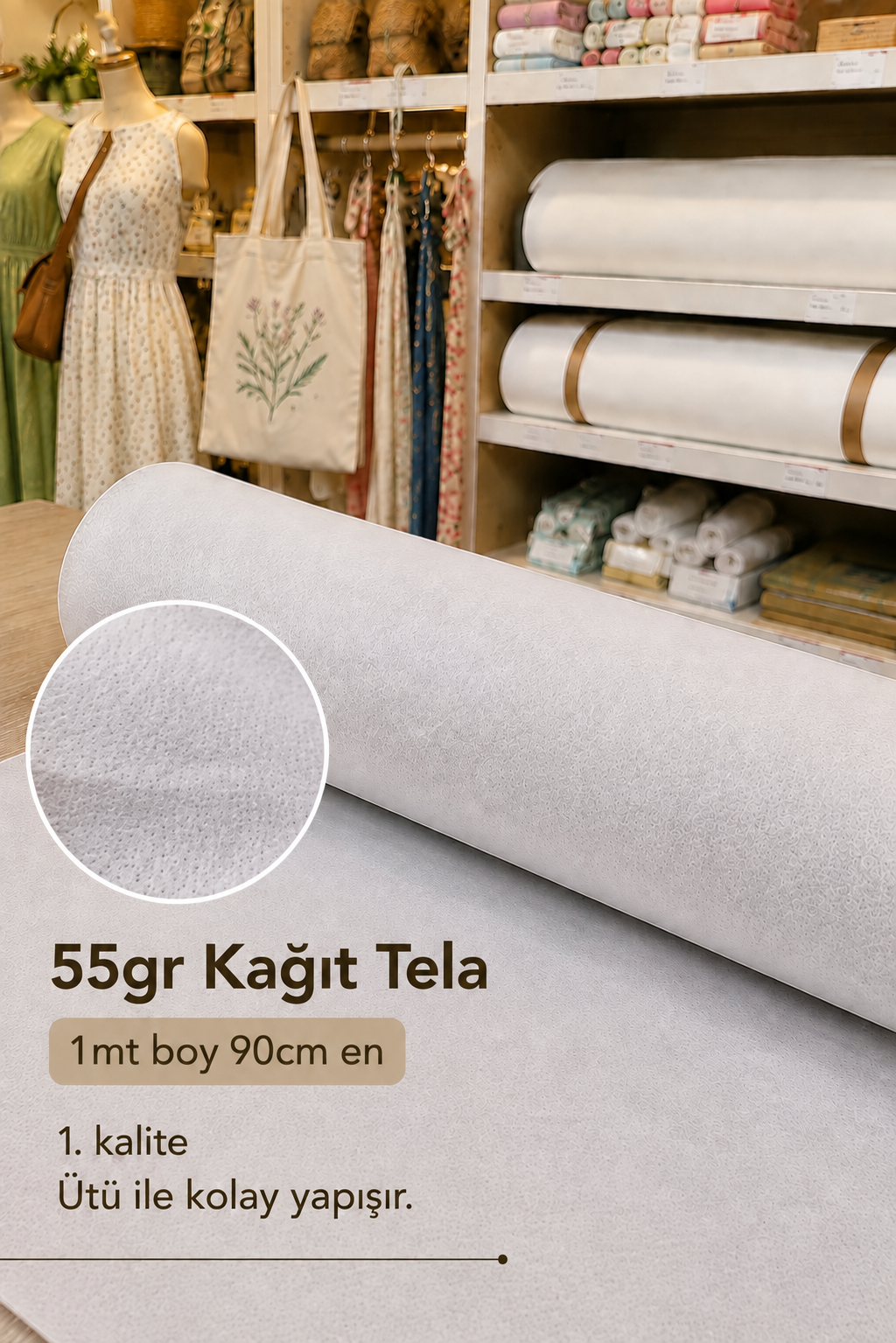55gr Kağıt Tela 90cm En, Beyaz Hobi Telası, Ütü ile Kolay Yapışır, Elbise, Çanta Telası 1 Metre