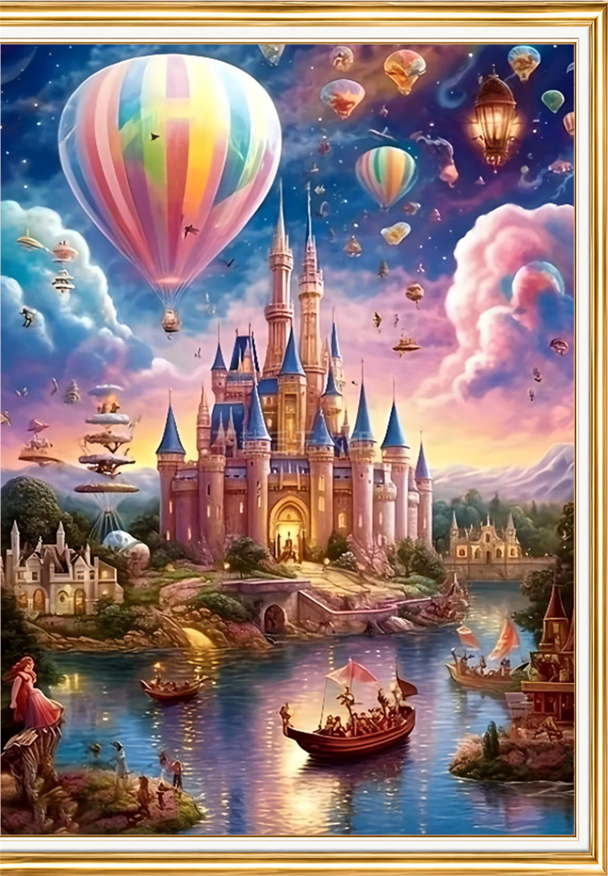 Elmas Boyama Puzzle Kit, Balonlu Gökyüzünde Masal Şatosu 30x40 cm Mozaik
