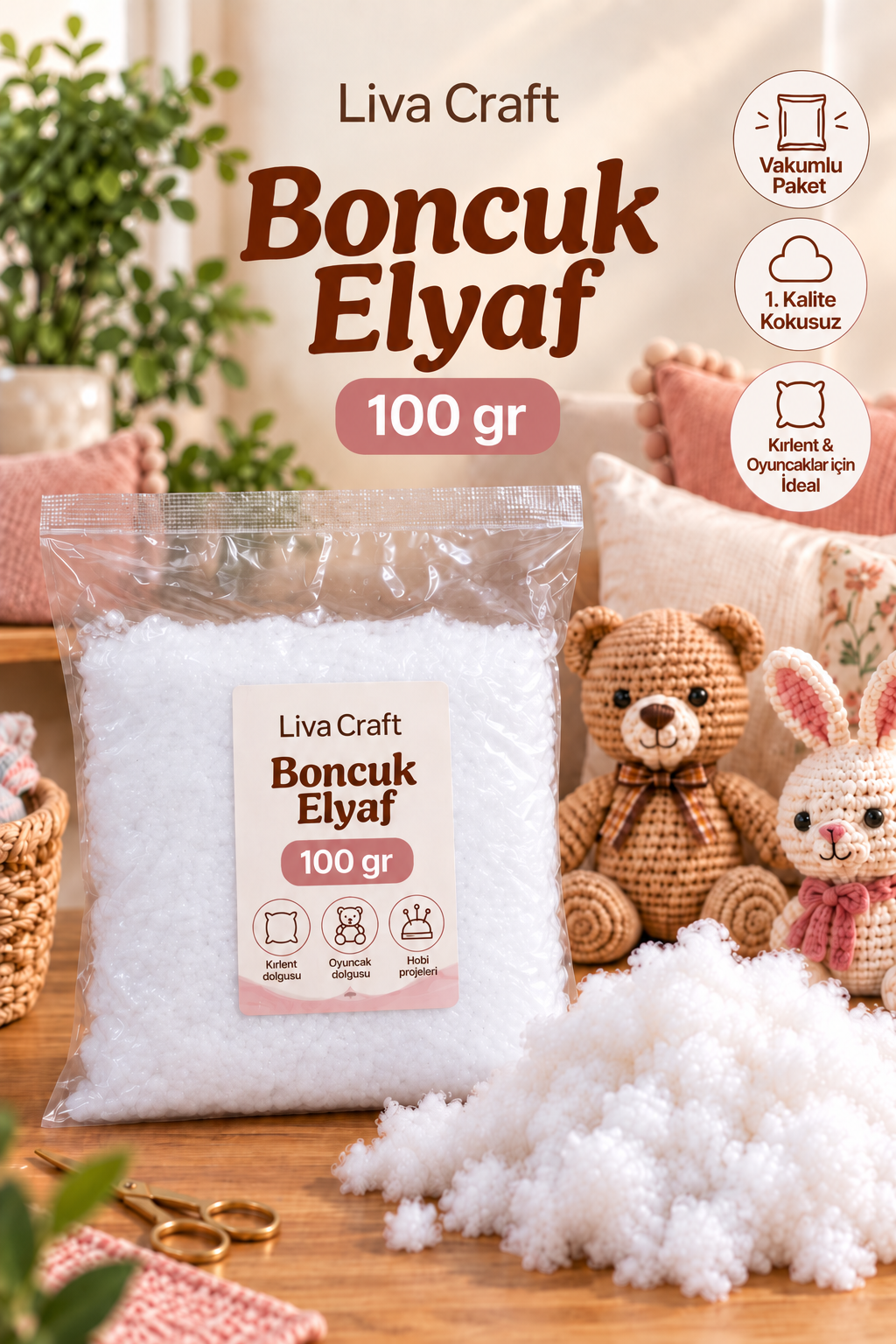 Boncuk Elyaf 100gr, Vakumlu Torbada, Hobi Dolgu Elyafı