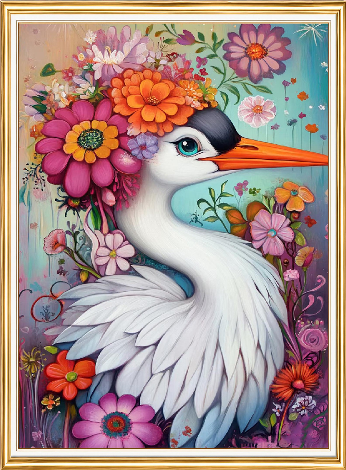 Elmas Boyama Puzzle Kit, Çiçek Taçlı Leylek 30x40 cm Mozaik