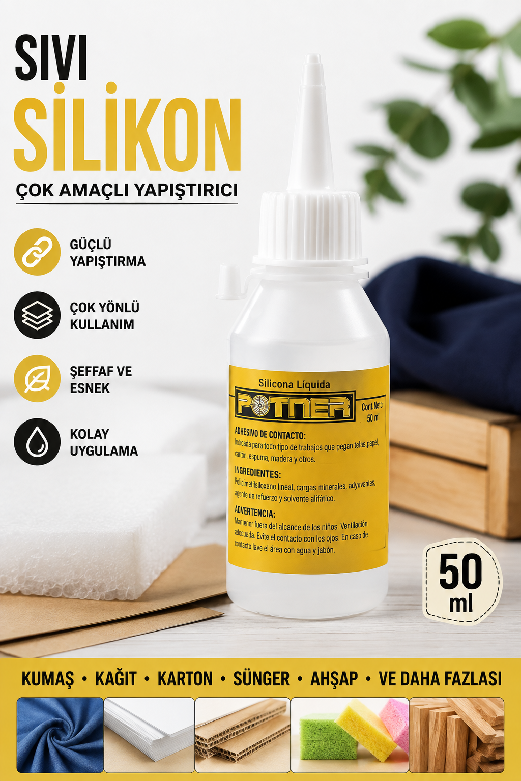 Çok Amaçlı Sıvı Silikon Yapıştırıcı 50 ml, Kumaş Yapıştırıcı Soğuk Silikon Tutkal