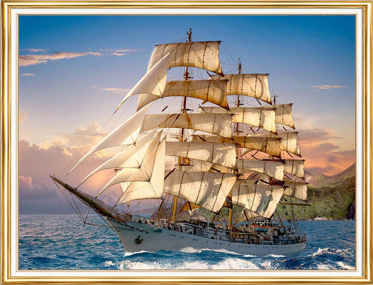 Elmas Boyama Puzzle Kit, Dalgalar Üzerinde Büyük Yelkenli 50x65 cm Mozaik
