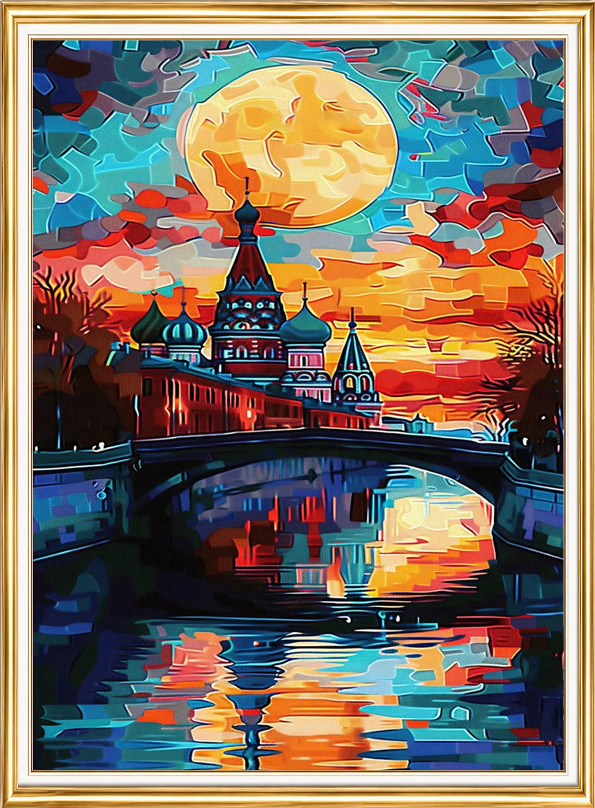 Elmas Boyama Puzzle Kit, Dolunayda Kubbeli Şehir ve Köprü 30x40 cm Mozaik