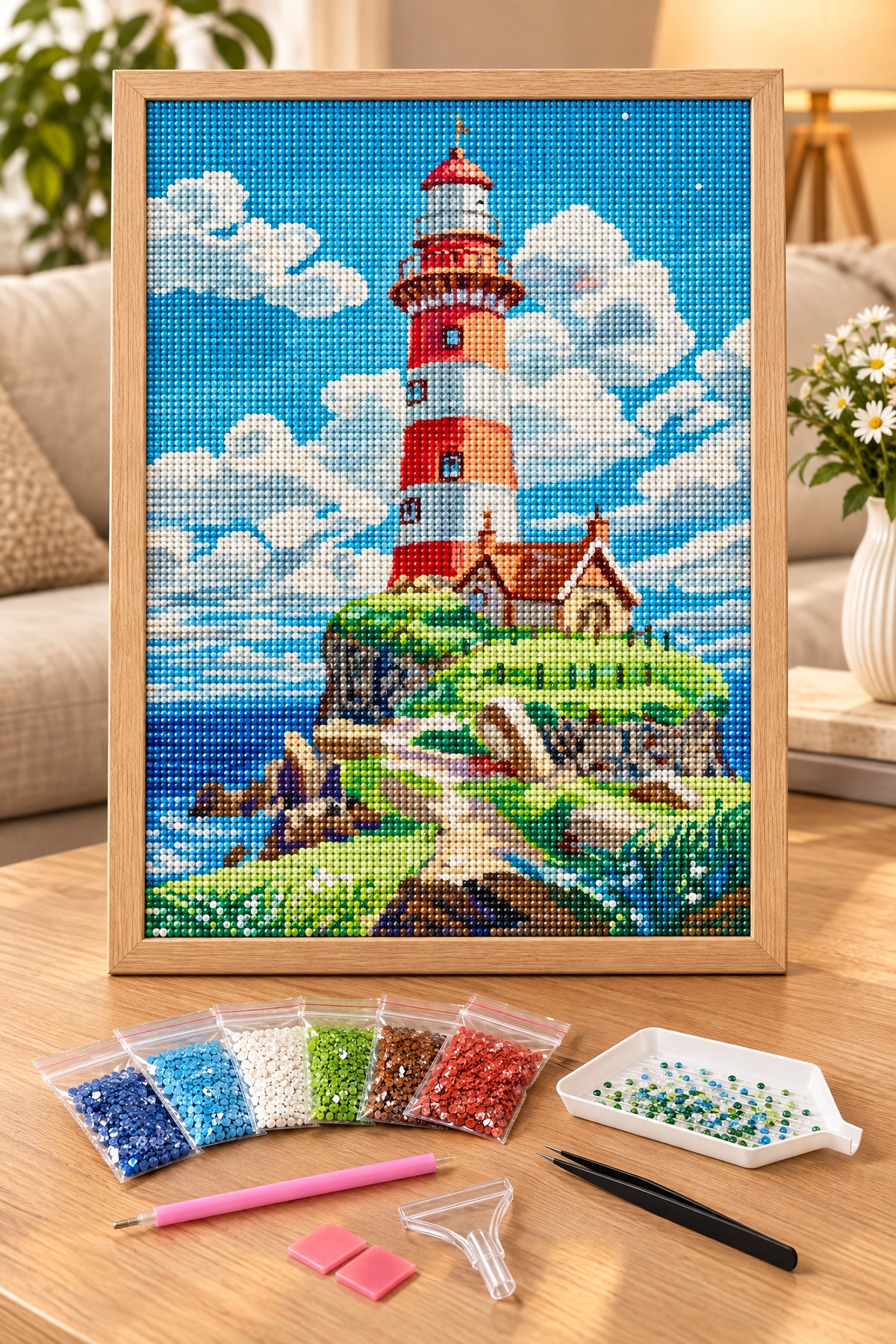 Elmas Boyama Puzzle Kit, Ada Üzerinde Kırmızı Beyaz Deniz Feneri 21x25 cm Mozaik