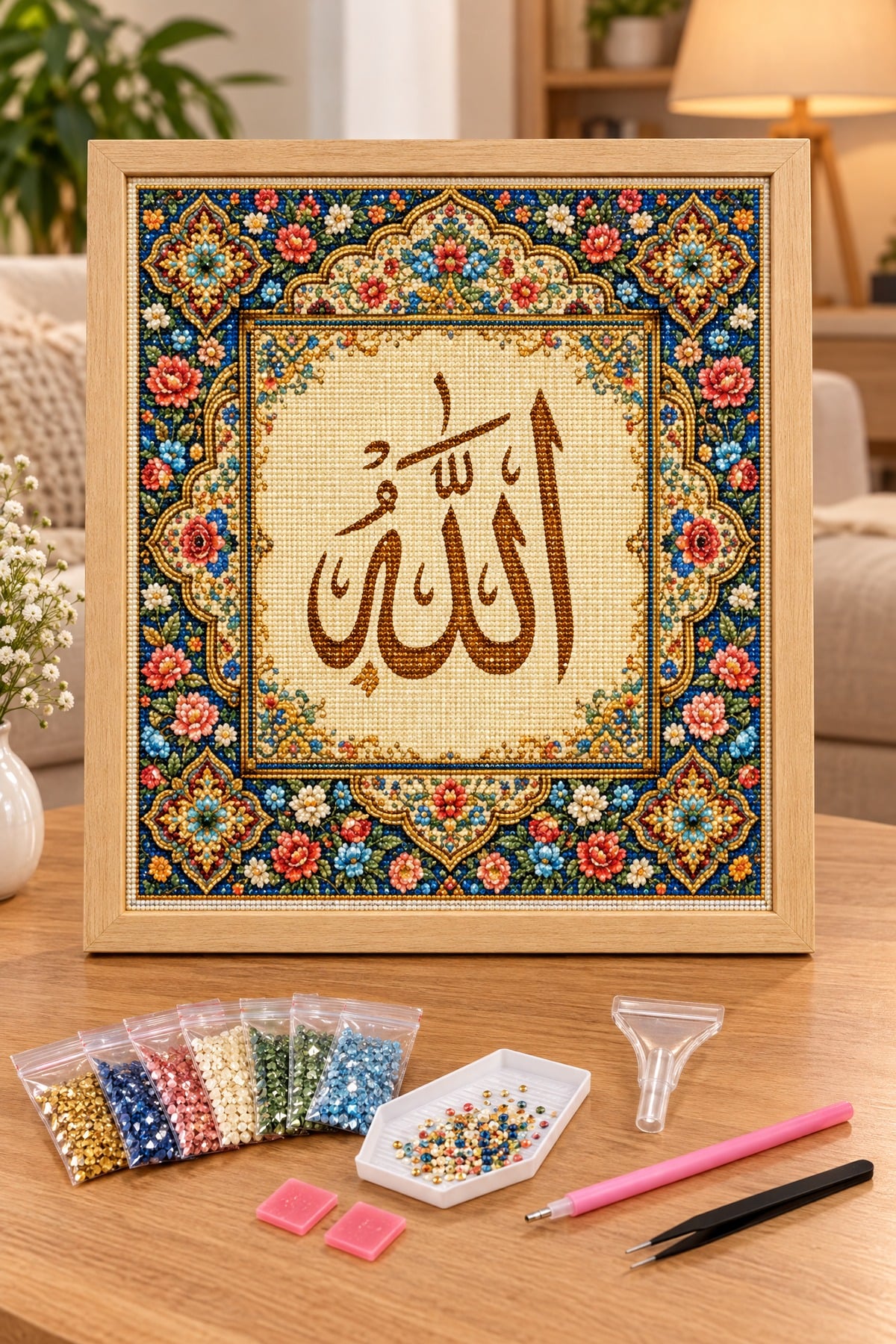 Elmas Boyama Puzzle Kit, Allah Lafzı Hat Sanatı 30x30 cm Mozaik