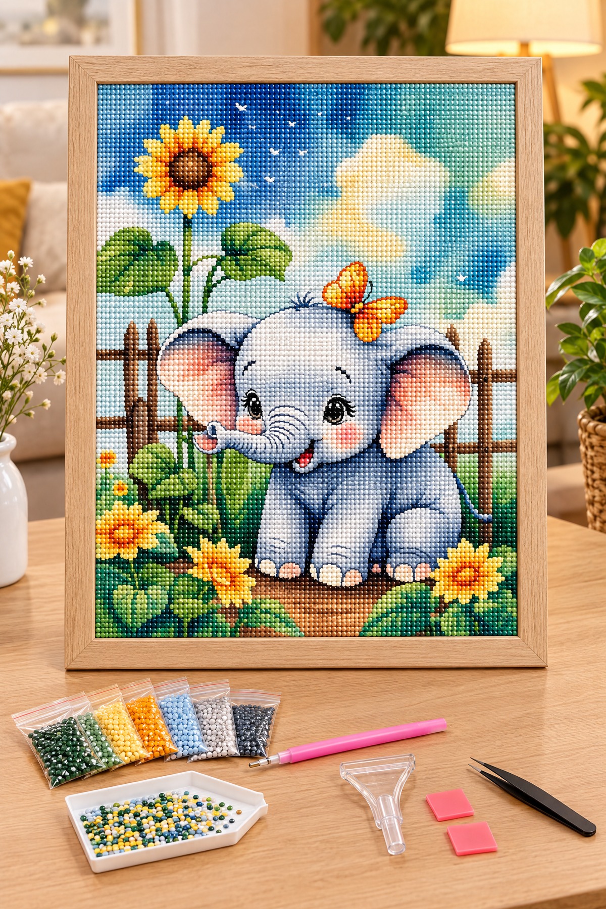 Elmas Boyama Puzzle Kit, Ayçiçekleri ve Yavru Fil 21x25 cm Mozaik