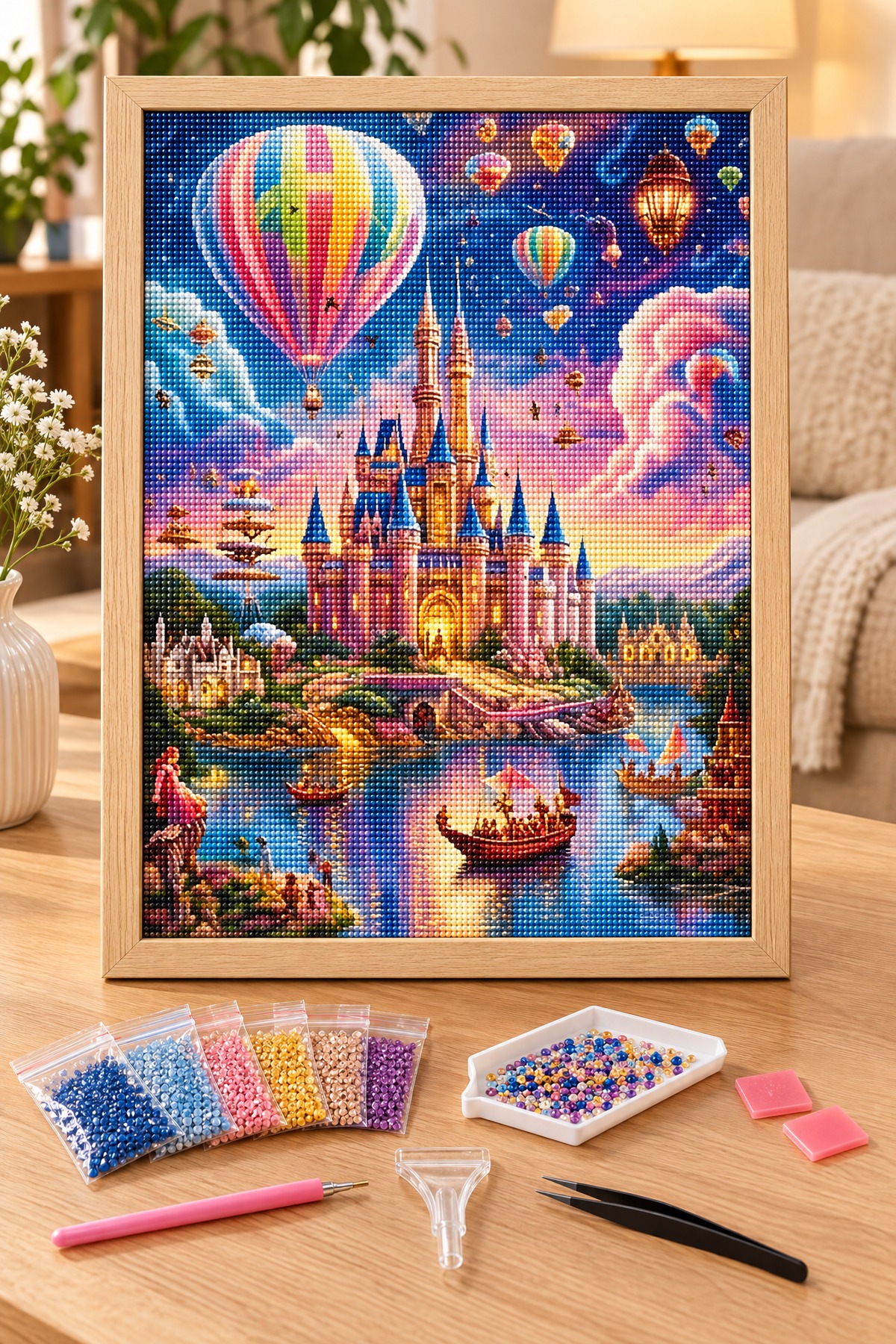 Elmas Boyama Puzzle Kit, Balonlu Gökyüzünde Masal Şatosu 30x40 cm Mozaik
