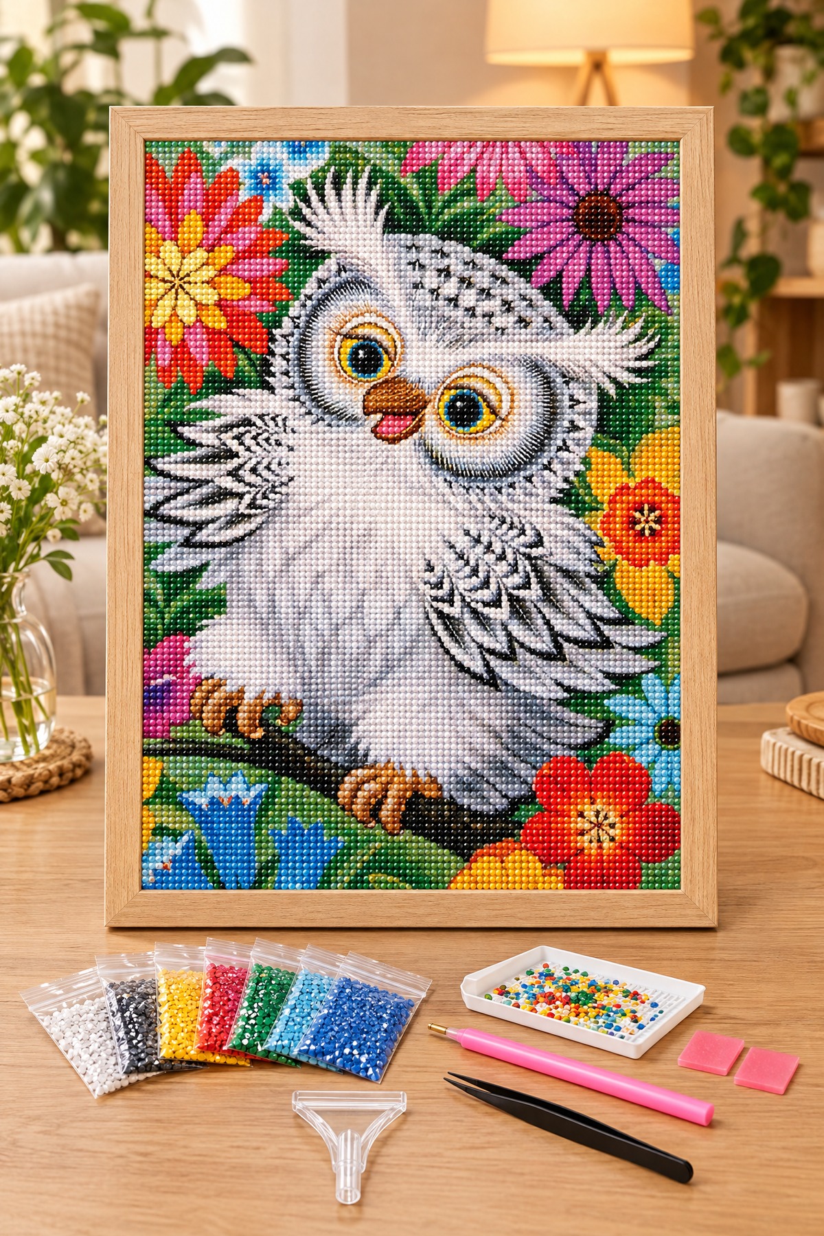 Elmas Boyama Puzzle Kit, Çiçekler Arasında Beyaz Baykuş 21x25 cm Mozaik