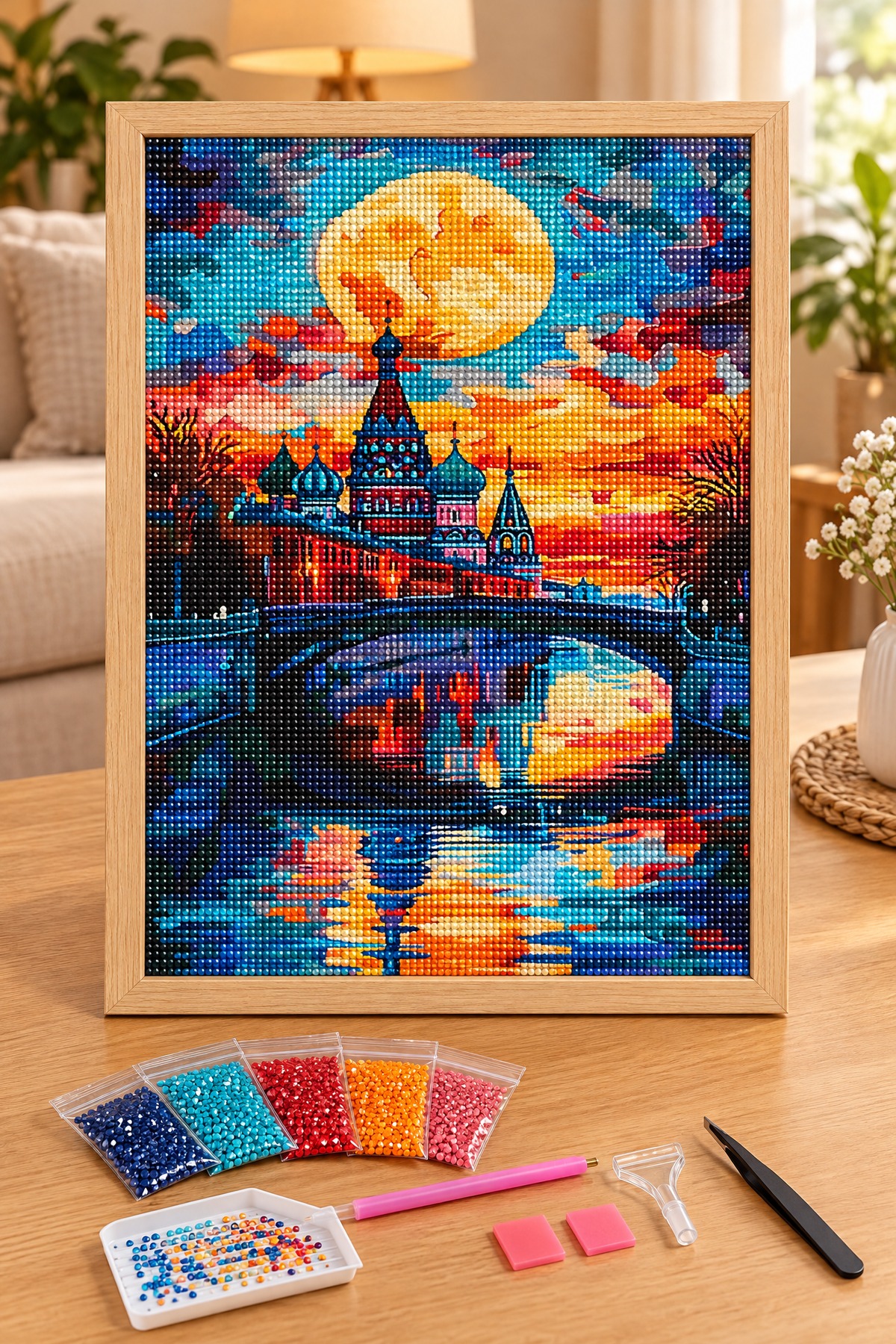 Elmas Boyama Puzzle Kit, Dolunayda Kubbeli Şehir ve Köprü 30x40 cm Mozaik