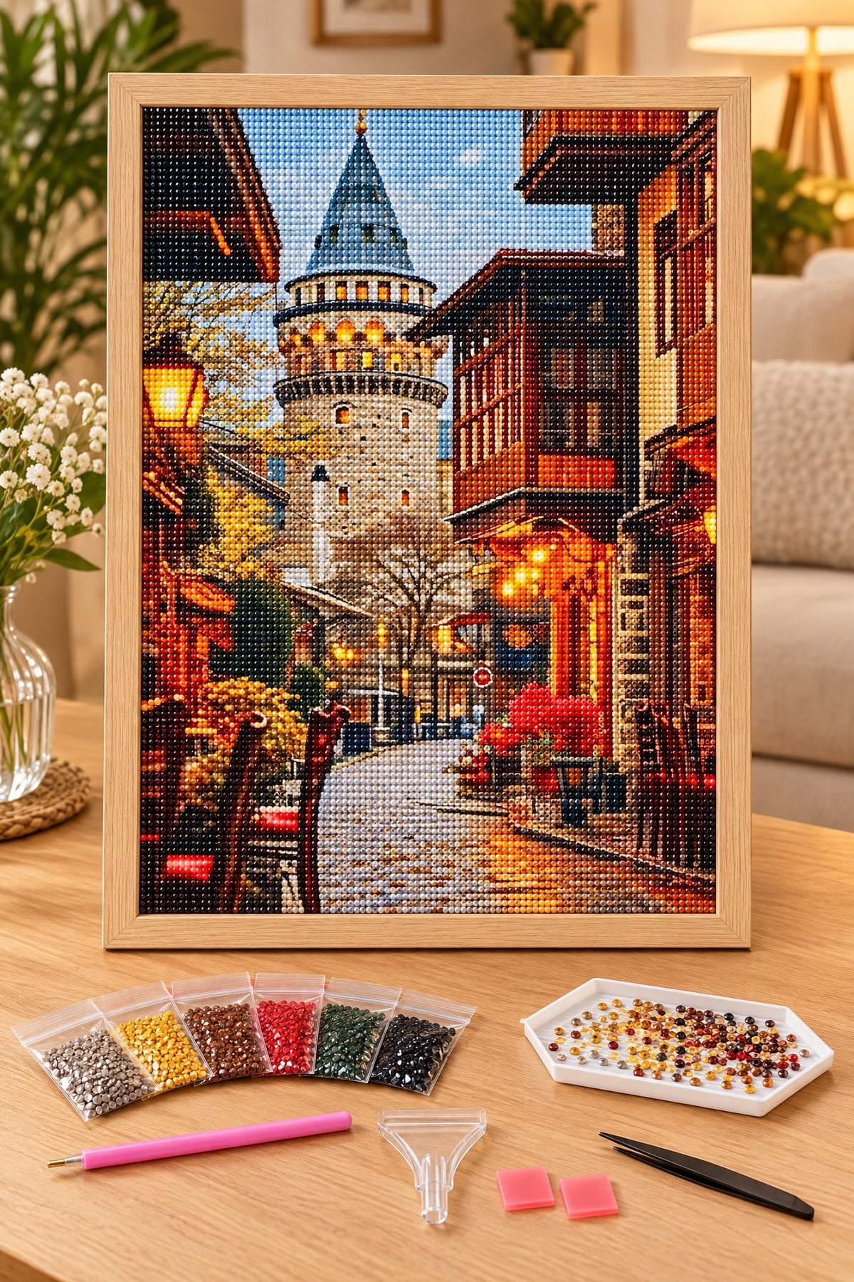 Elmas Boyama Puzzle Kit, Galata Kulesi ve Tarihi Sokak 50x65 cm Mozaik
