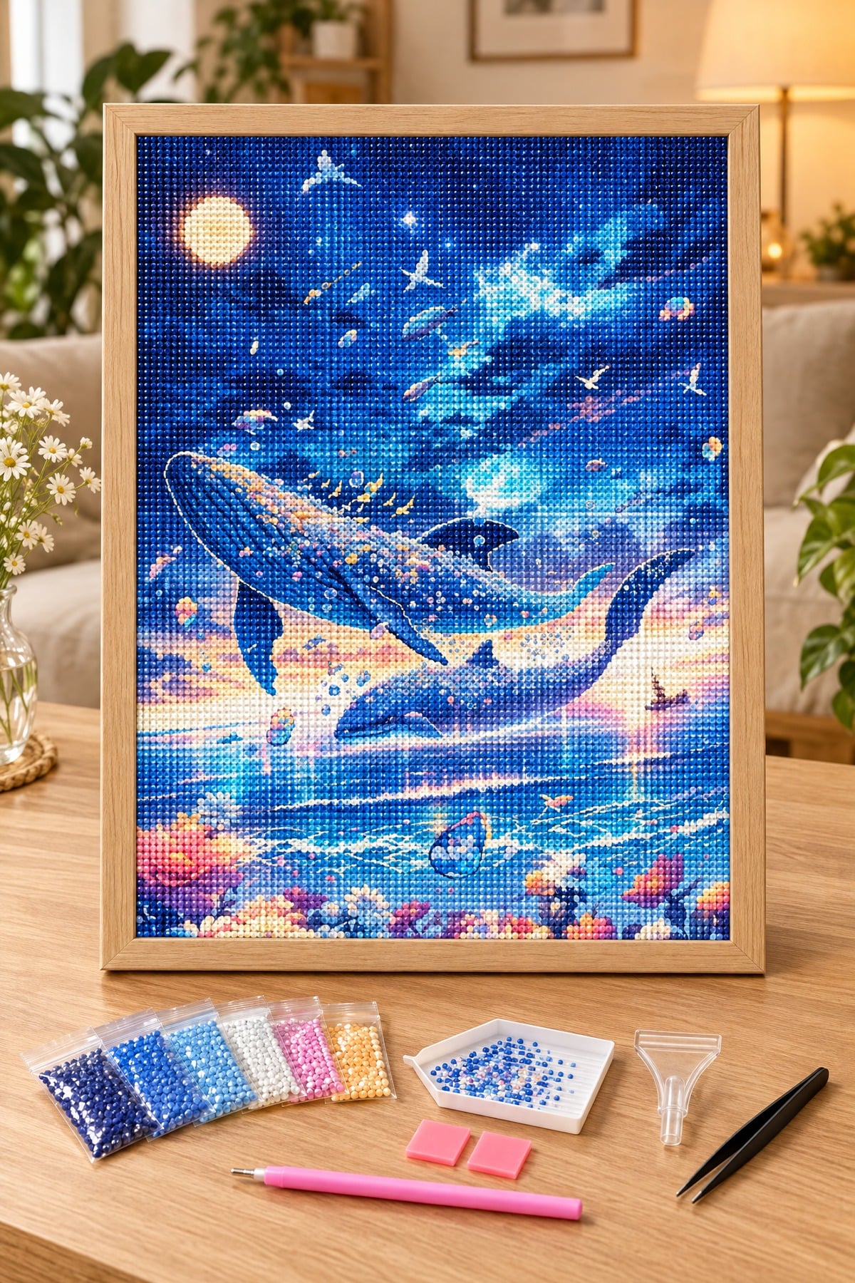 Elmas Boyama Puzzle Kit, Gece Okyanusunda Uçan Balinalar 21x25 cm Mozaik