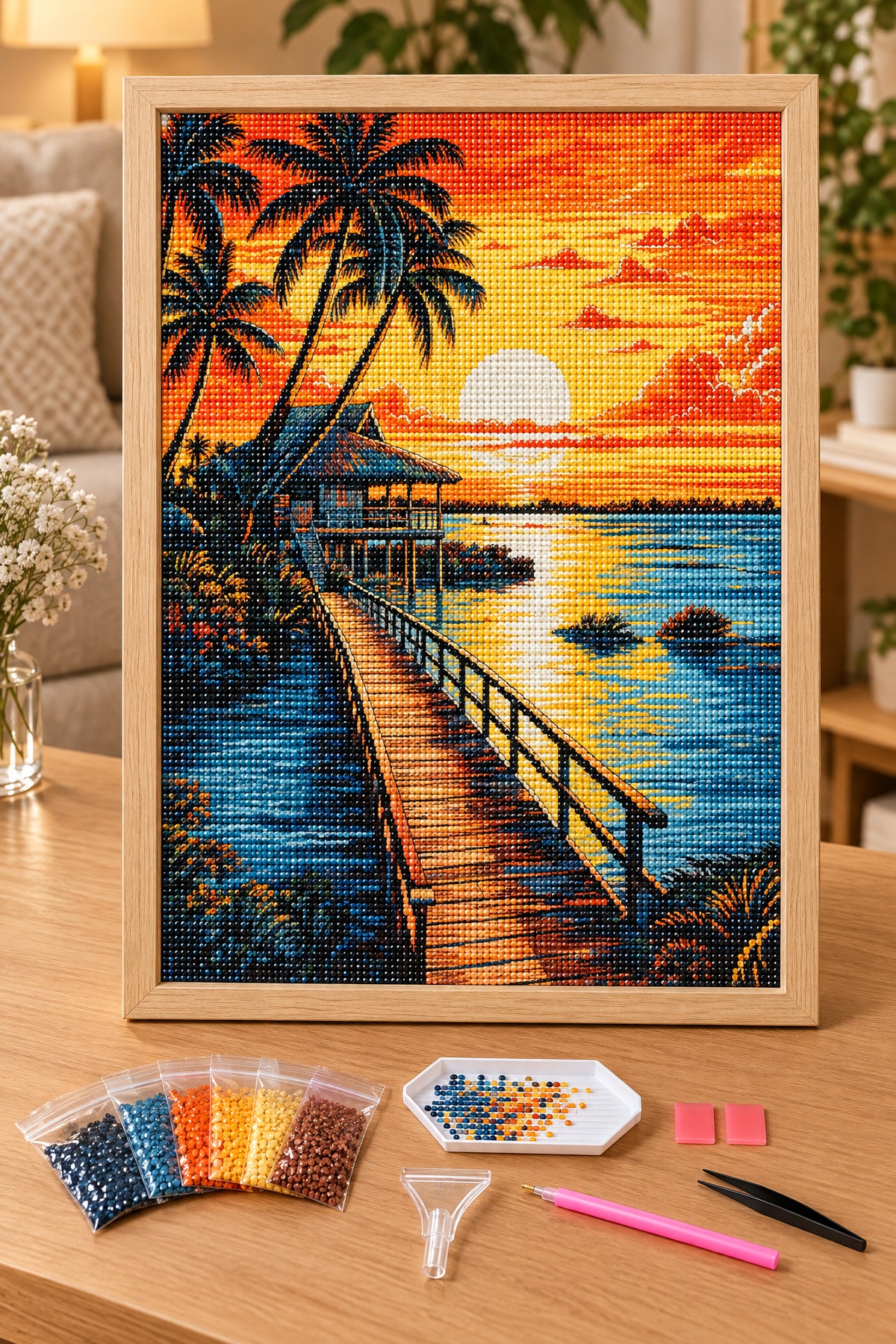 Elmas Boyama Puzzle Kit, Gün Batımında Ahşap İskele 40x50 cm Mozaik