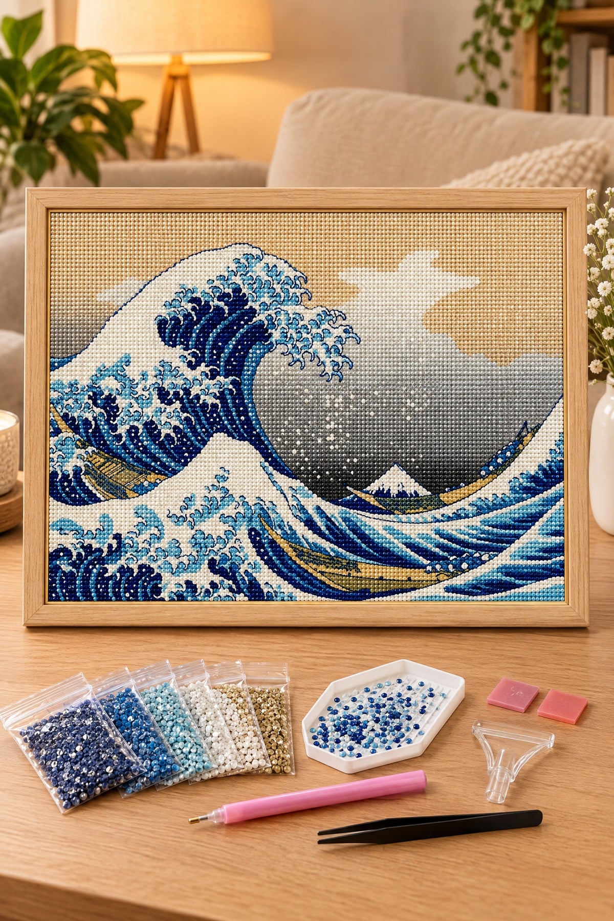 Elmas Boyama Puzzle Kit, Kanagawa Büyük Dalga 30x40 cm Mozaik