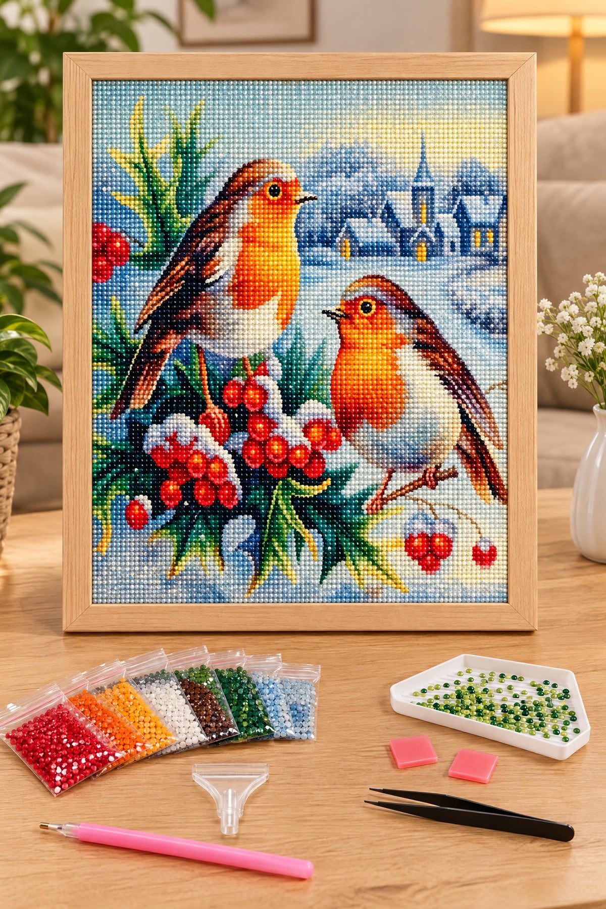 Elmas Boyama Puzzle Kit, Karlı Kış Köyünde Kızılgerdan Kuşları 21x25 cm Mozaik