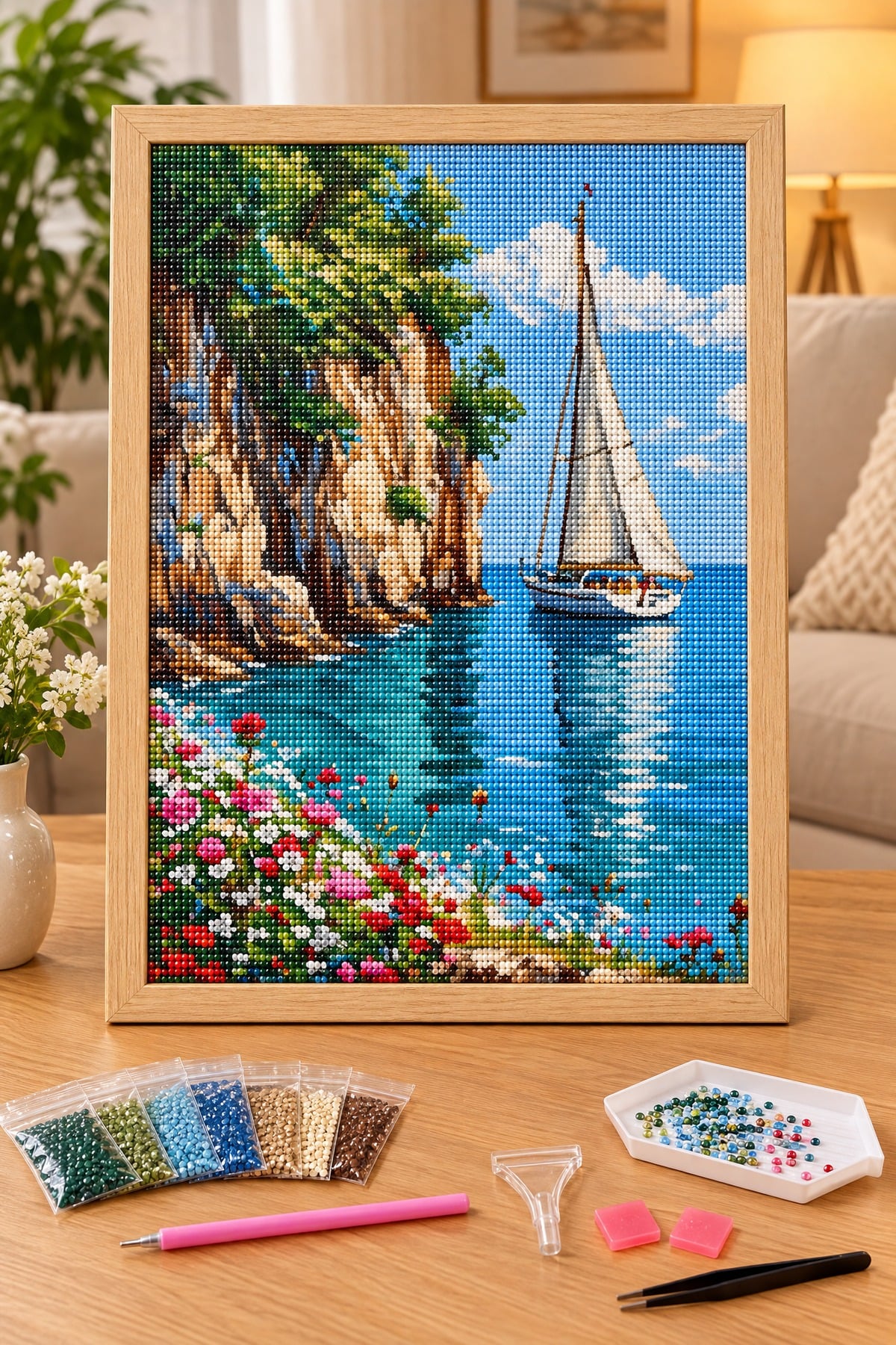 Elmas Boyama Puzzle Kit, Kayalık Koyda Beyaz Yelkenli 50x65 cm Mozaik