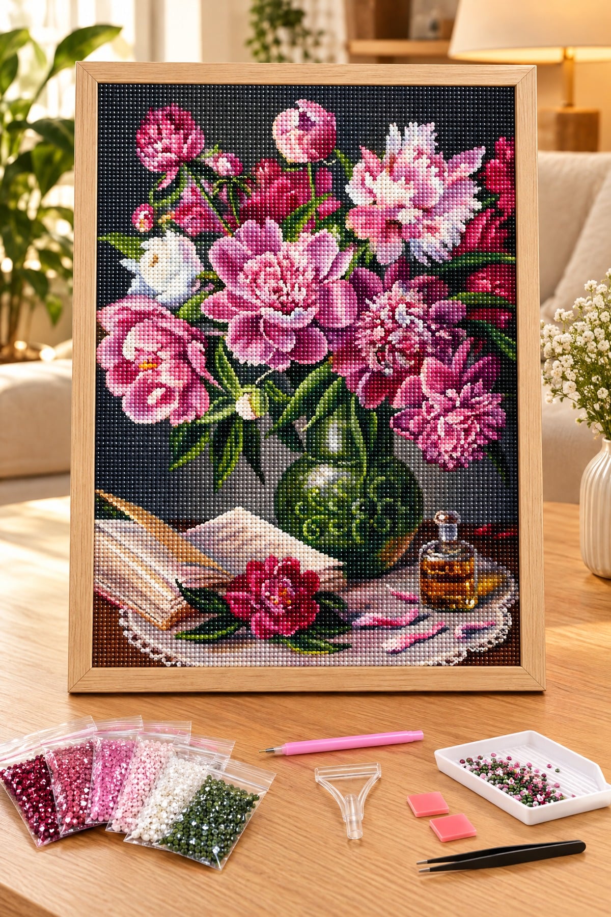 Elmas Boyama Puzzle Kit, Kitap ve Parfümle Mor Şakayıklar 40x50 cm Mozaik