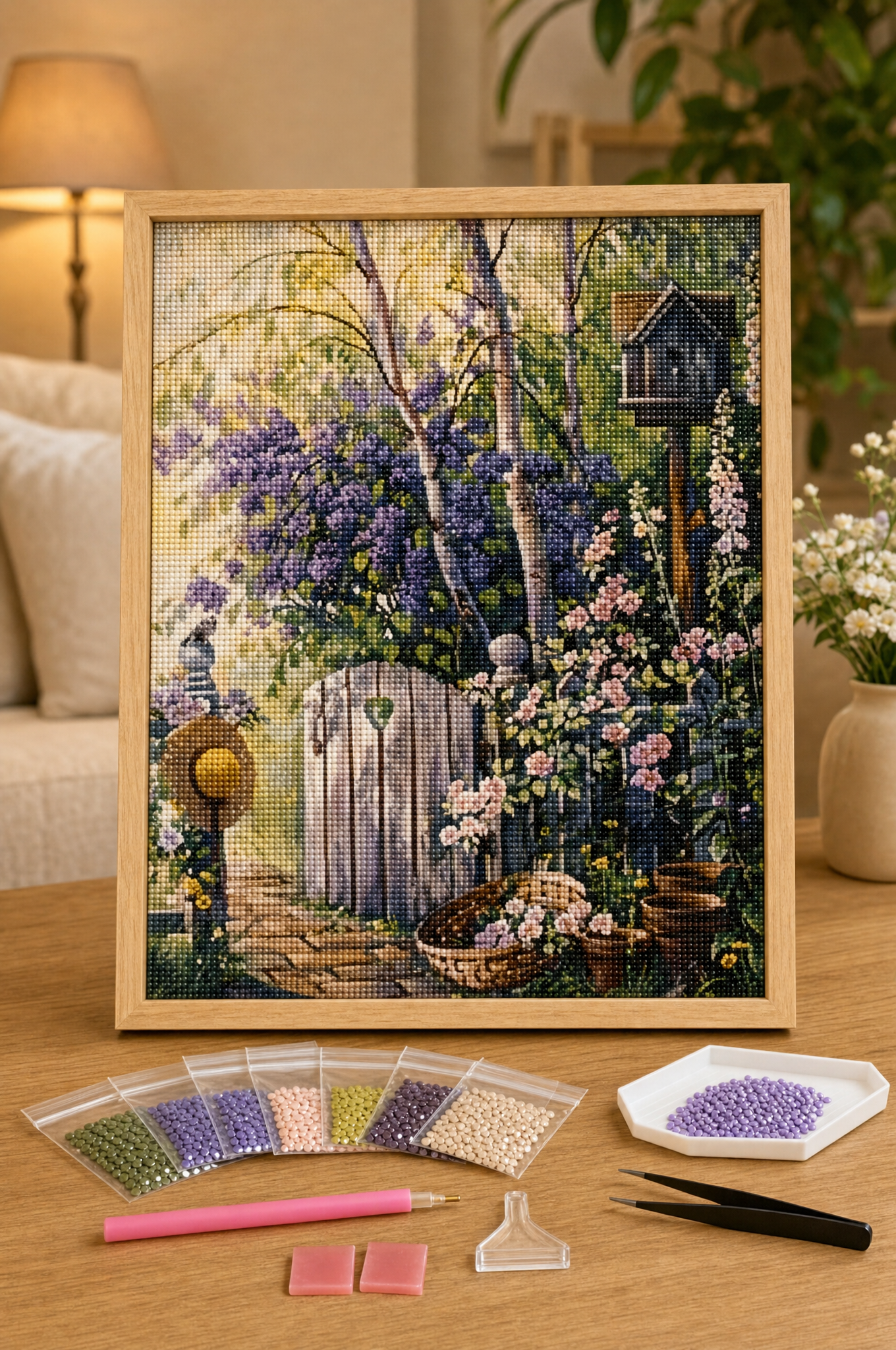 Elmas Boyama Puzzle Kit, Kuş Evi ve Bahçe Kapısı 40x50 cm Mozaik