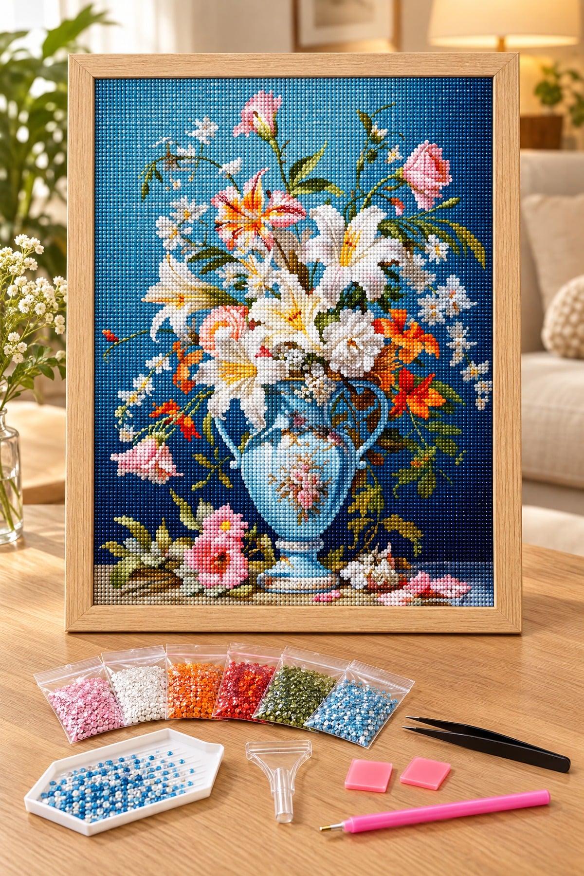 Elmas Boyama Puzzle Kit, Mavi Porselen Vazoda Zambaklar 40x50 cm Mozaik