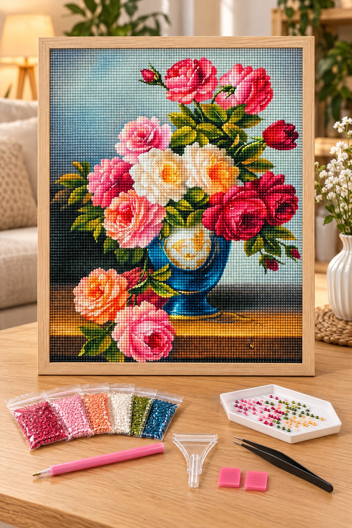 Elmas Boyama Puzzle Kit, Mavi Vazoda Pembe ve Kırmızı Güller 21x25 cm Mozaik