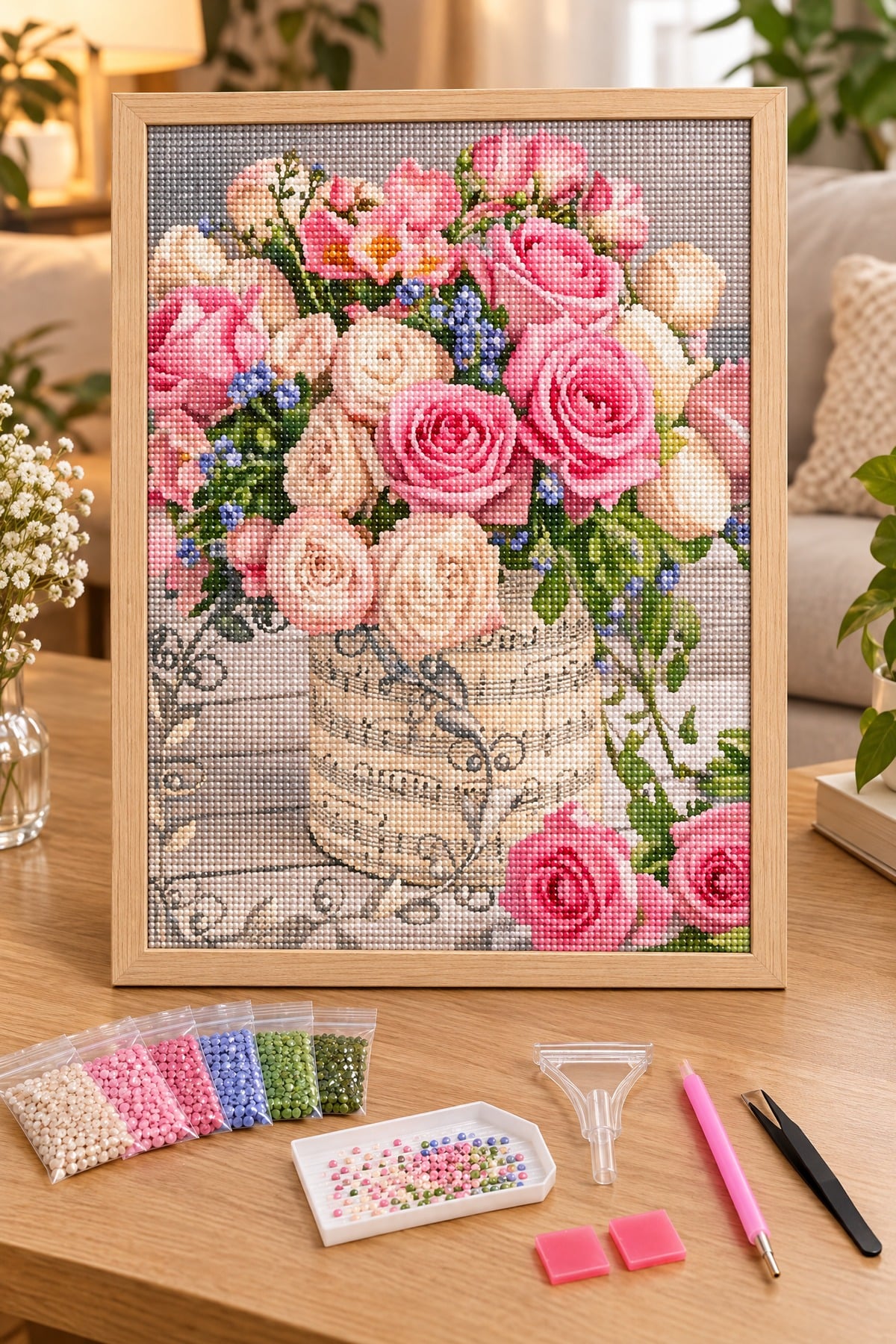 Elmas Boyama Puzzle Kit, Nota Desenli Saksıda Pembe Güller 21x25 cm Mozaik