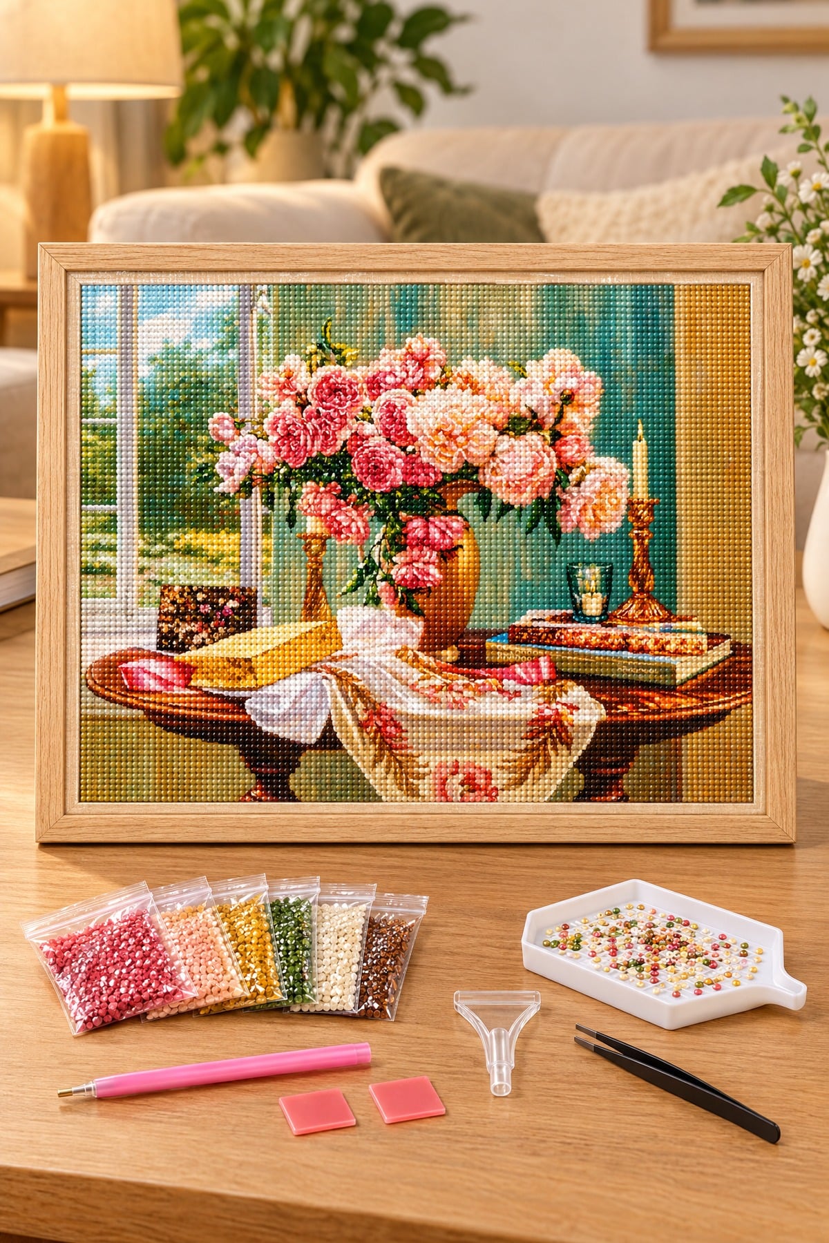 Elmas Boyama Puzzle Kit, Pencere Önünde Pembe Güller 50x65 cm Mozaik
