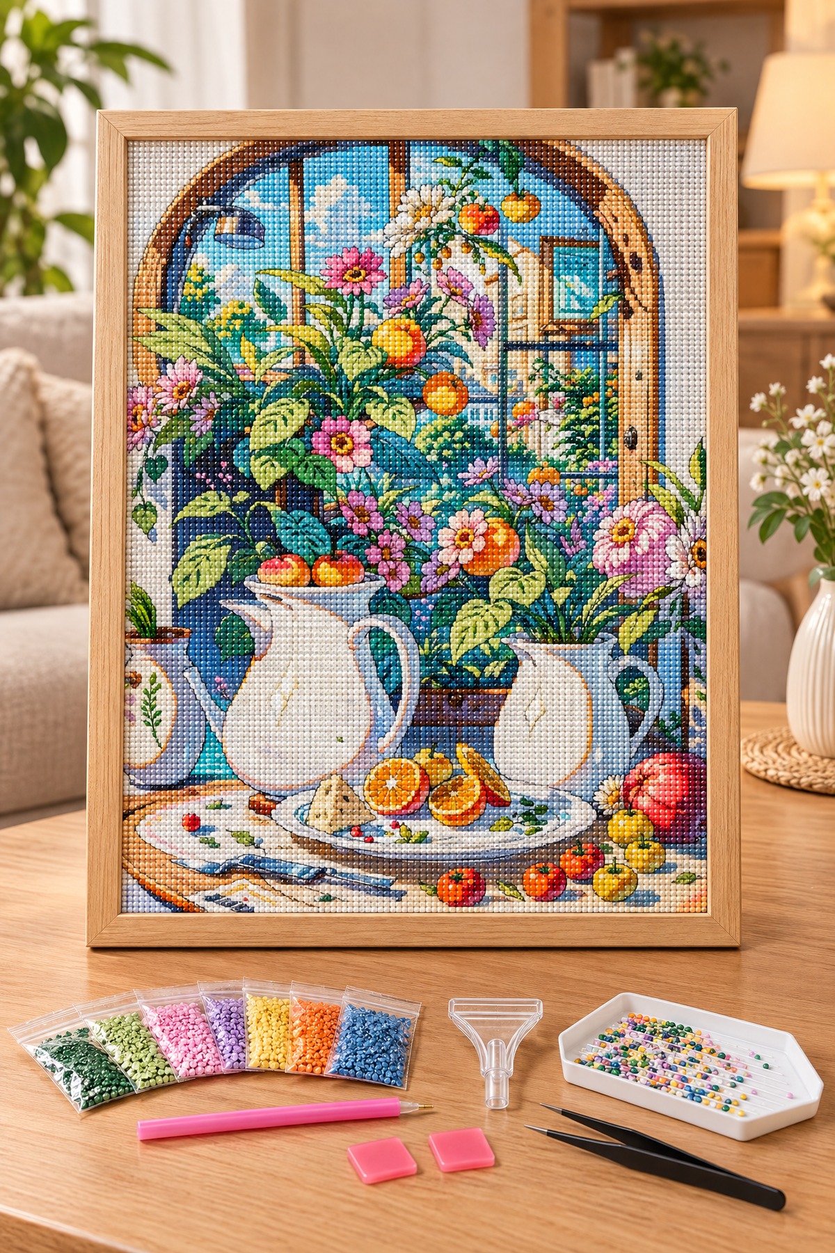 Elmas Boyama Puzzle Kit, Pencere Önünde Çiçekler ve Meyveler 21x25 cm Mozaik