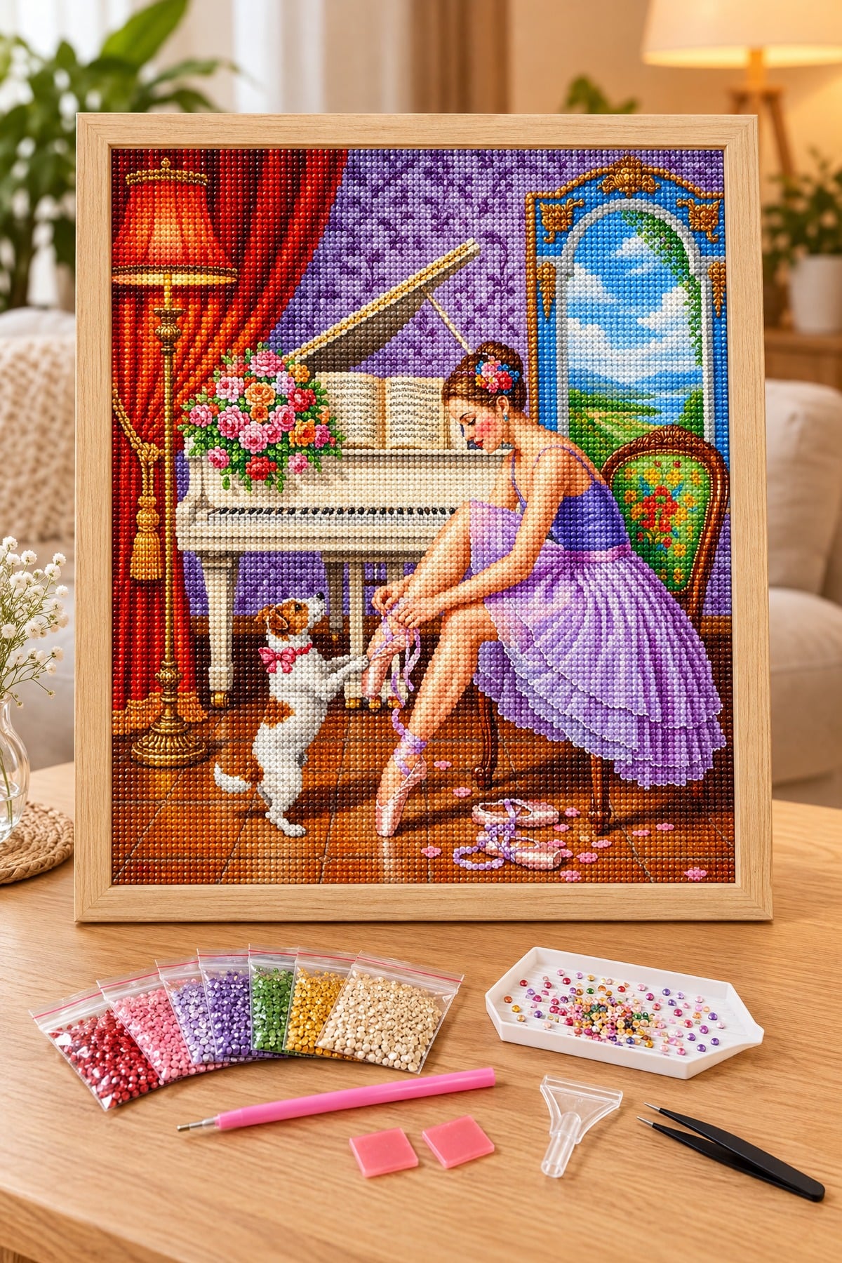 Elmas Boyama Puzzle Kit, Piyano Odasında Balerin 30x30 cm Mozaik