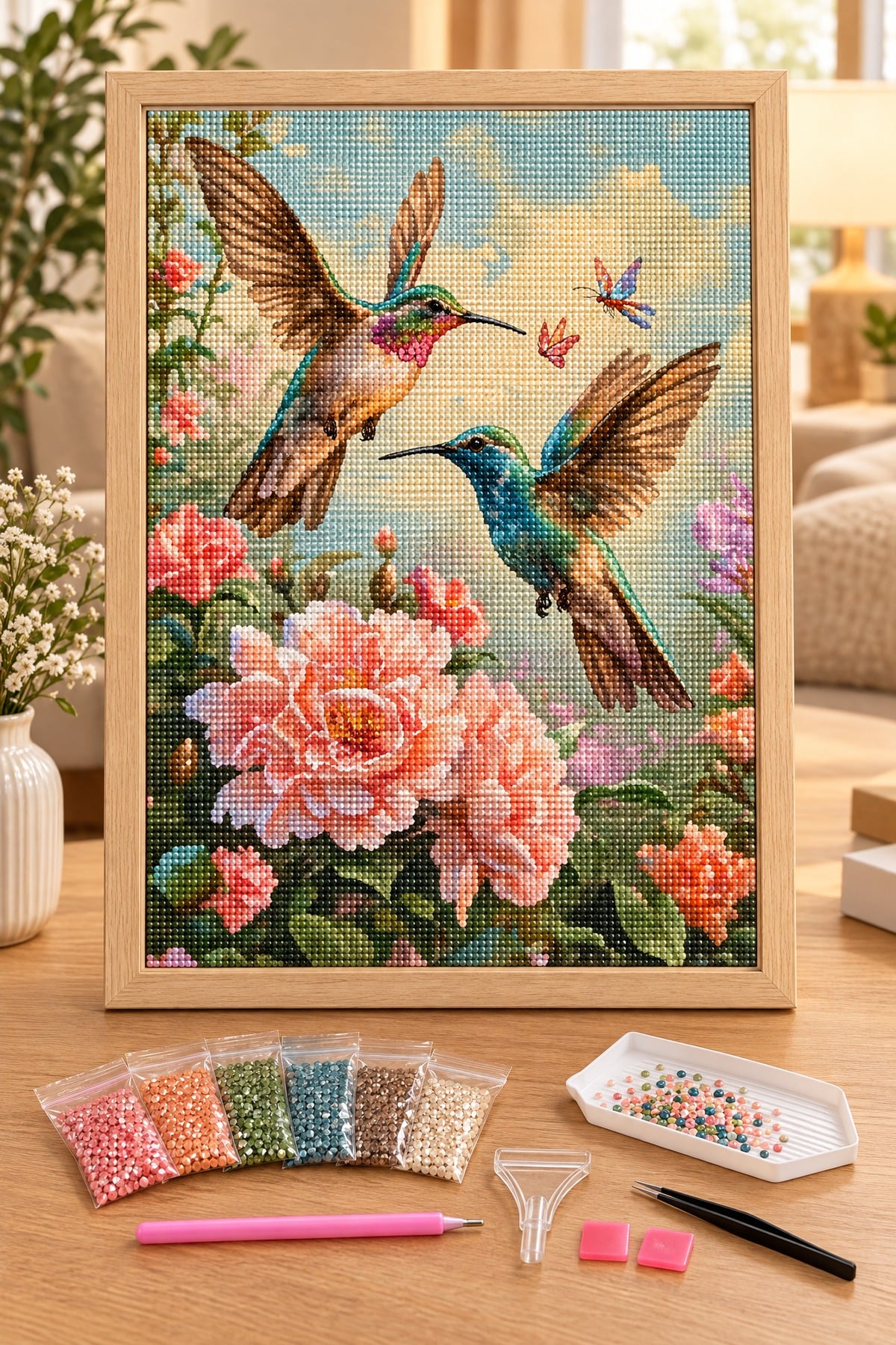 Elmas Boyama Puzzle Kit, Şakayıklar ve Sinek Kuşları 30x40 cm Mozaik