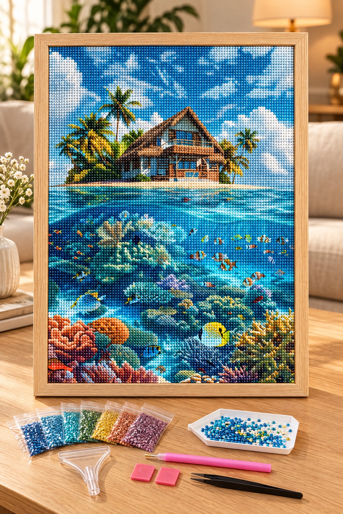 Elmas Boyama Puzzle Kit, Tropik Ada ve Mercan Resifi 40x50 cm Mozaik