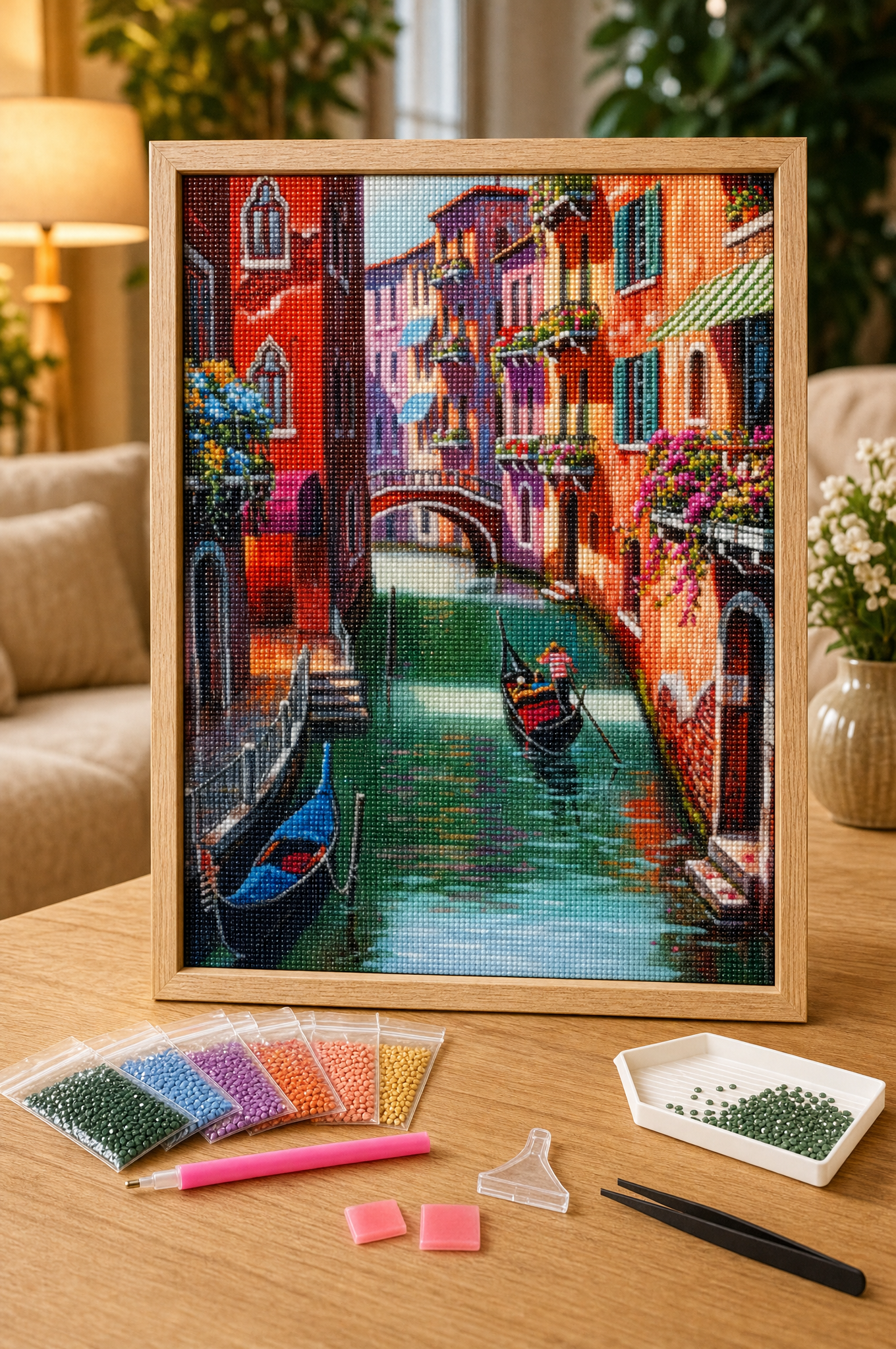 Elmas Boyama Puzzle Kit, Venedik Kanalında Gondol 40x50 cm Mozaik