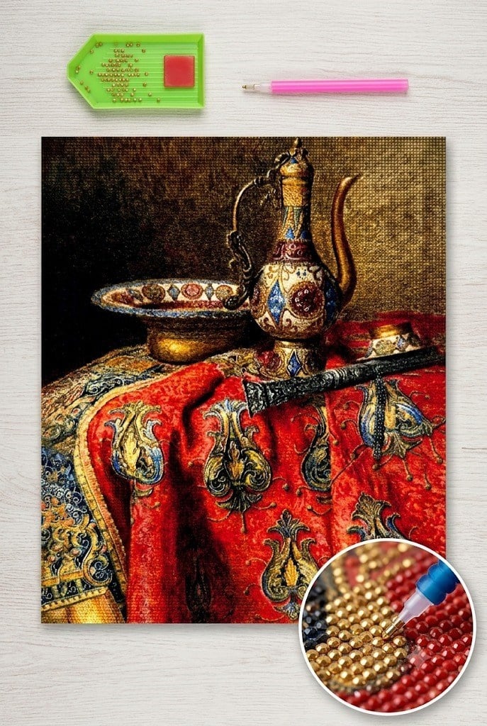 Elmas Mozaik Tablo, Elmas Boyama Puzzle Kiti 50x40cm Nostaljik İbrik Osmanlı Dönemi Boncuk Yapıştırma