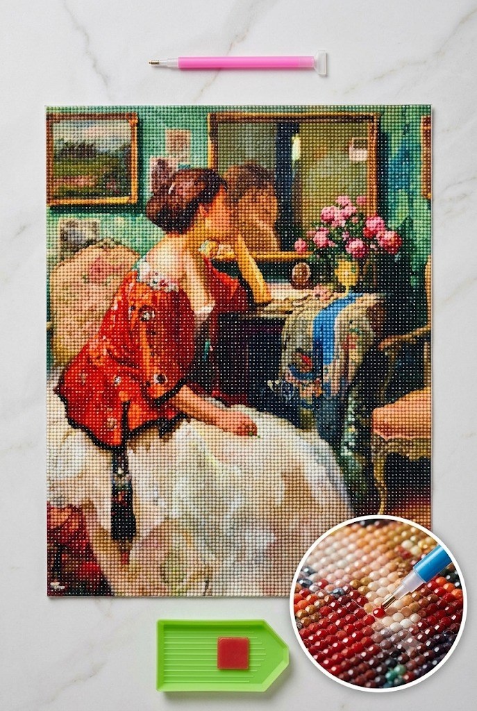 Elmas Mozaik Tablo, 50x40cm Lady Boncuk Yapıştırma Kiti 