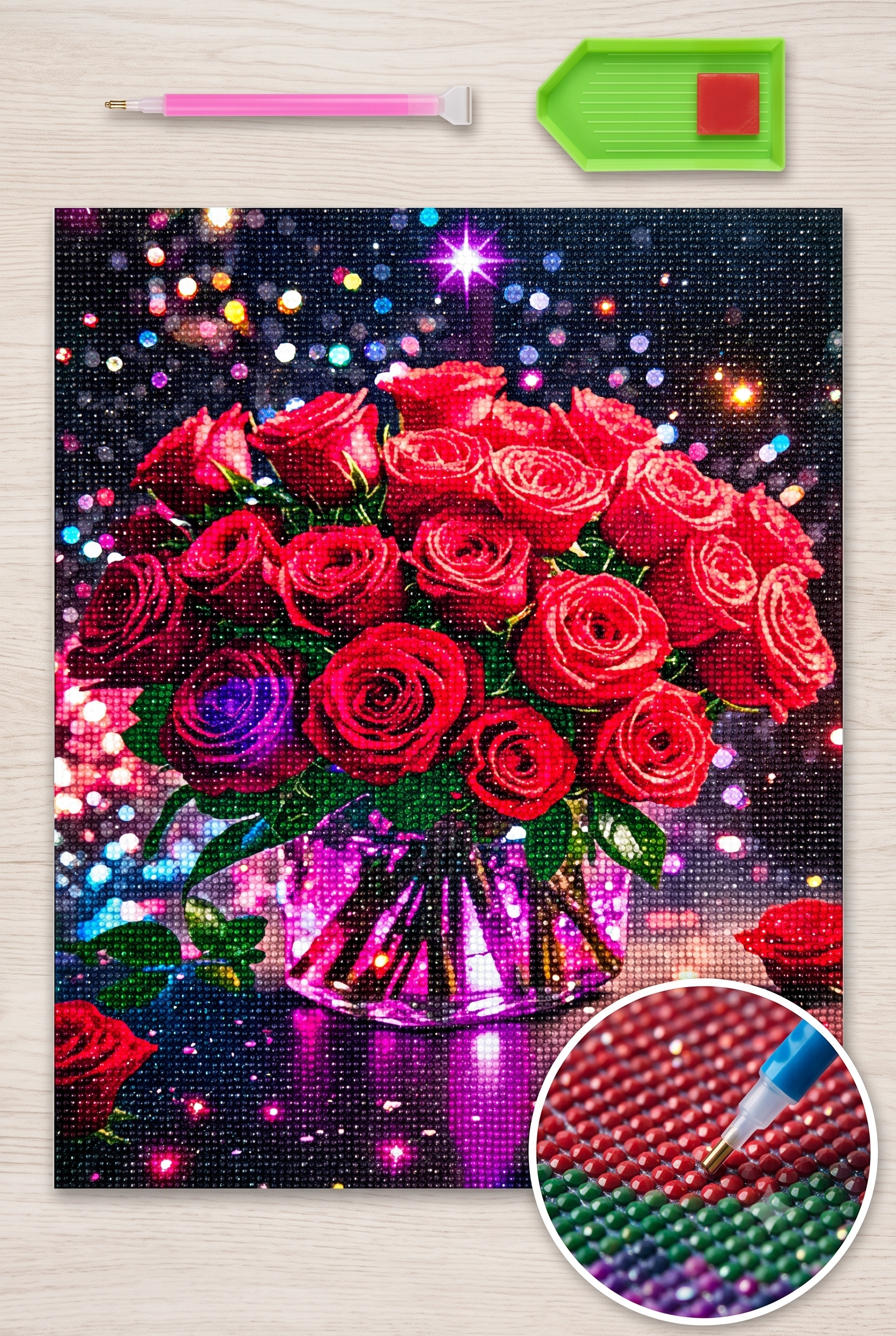 Elmas Mozaik Tablo, 50x65cm Kırmızı Renkli Güller Boncuk Yapıştırma Kiti 